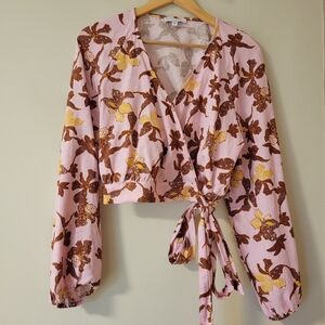 Maison D'Amelie Linen Blend Pink Floral Long Balloon Sleeve Cropped Wrap Blouse